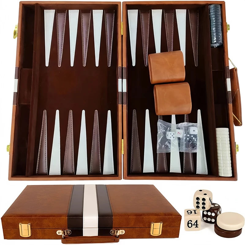 Backgammon set with pieces, dice, and board in a wooden case on a white background