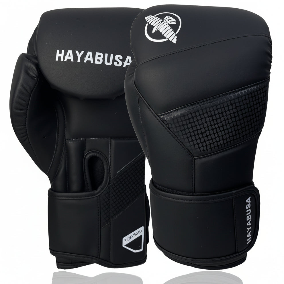 Black boxing gloves with 'Hayabusa' branding on a white background