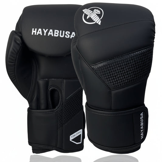 Black boxing gloves with 'Hayabusa' branding on a white background
