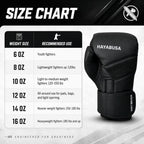 A size chart graphic for Hayabusa boxing gloves, showing a black Hayabusa 16 oz glove on the right and a weight-size recommendation table on the left. The chart lists weight sizes from 6 oz to 16 oz with recommended fighter weights and uses.