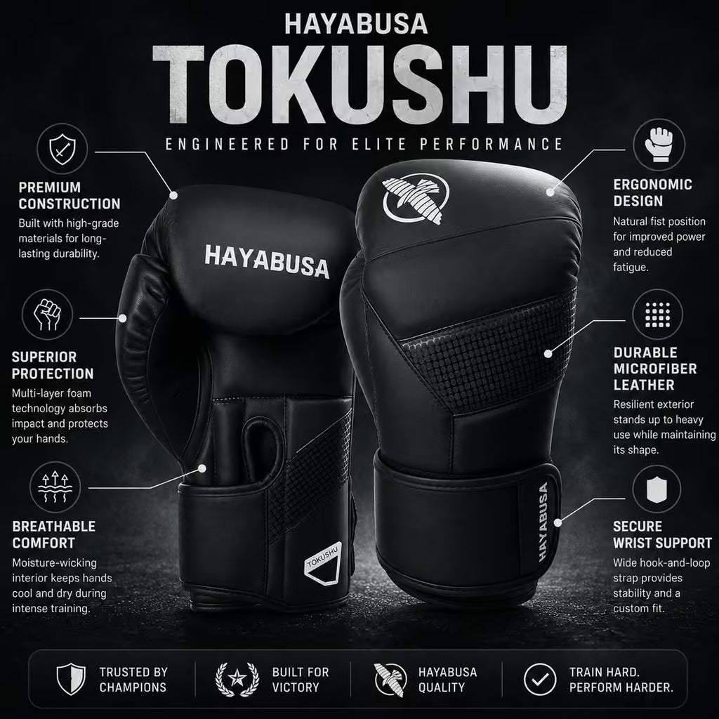 Black Hayabusa Tokushu boxing gloves with white branding and text overlays detailing their features on a dark background.