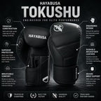 Black Hayabusa Tokushu boxing gloves with white branding and text overlays detailing their features on a dark background.