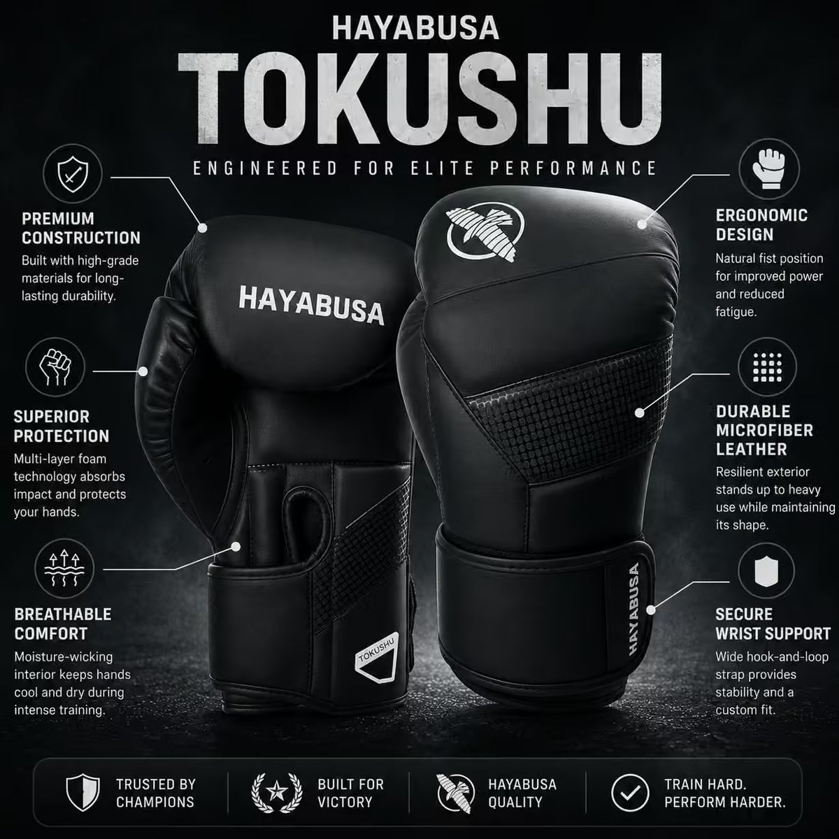Black Hayabusa Tokushu boxing gloves with white branding and text overlays detailing their features on a dark background.