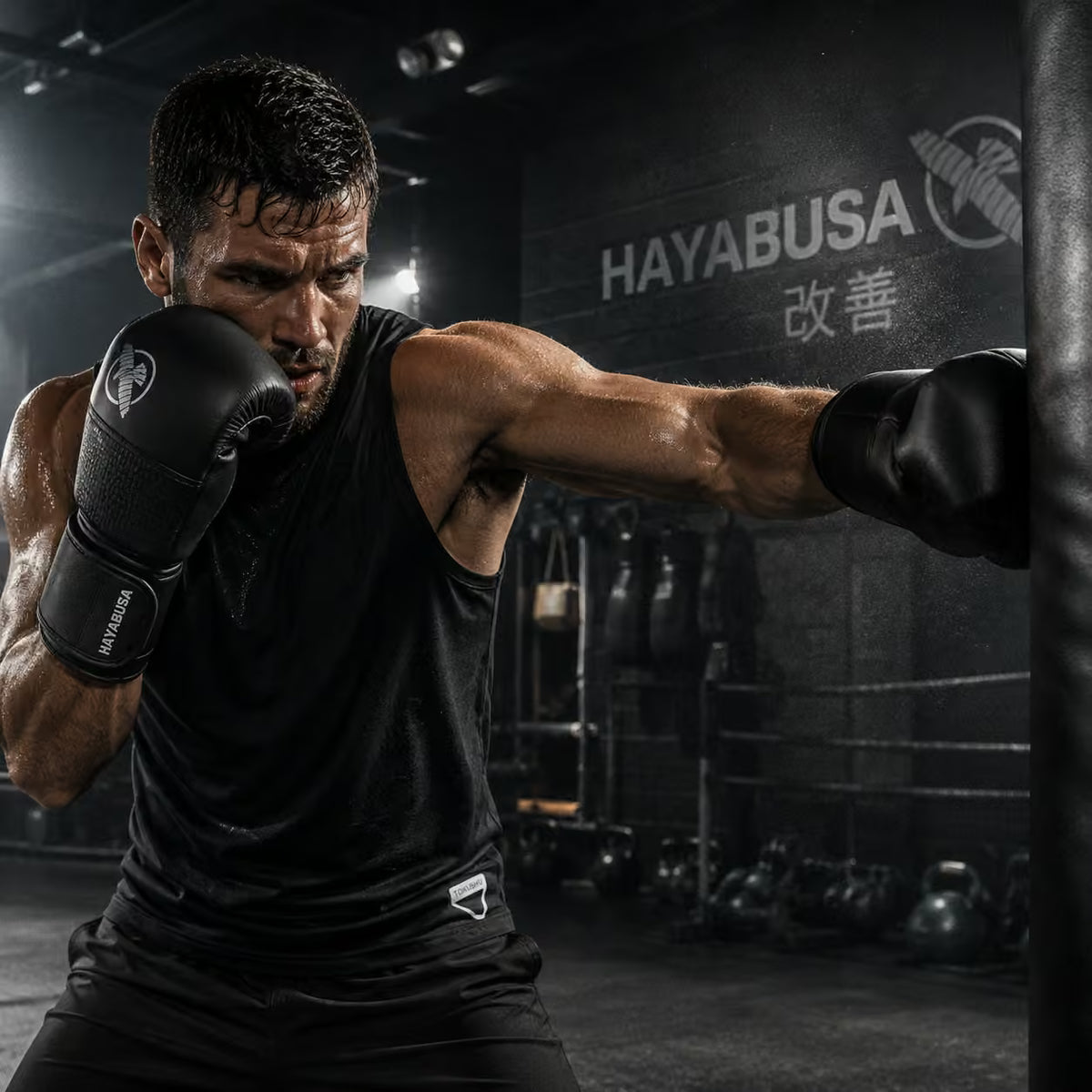 Boxer in a gym wearing Hayabusa gloves and shorts, with the brand name visible.