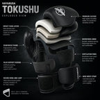 An exploded view diagram of a black Hayabusa Tokushu boxing glove, showing layered foam padding, microfiber lining, palm support padding, and the hook-and-loop closure system with callout text on a dark background.
