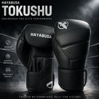 A pair of black Hayabusa boxing gloves displayed against a dark, smoky boxing-ring background with promotional text and feature icons on the left.