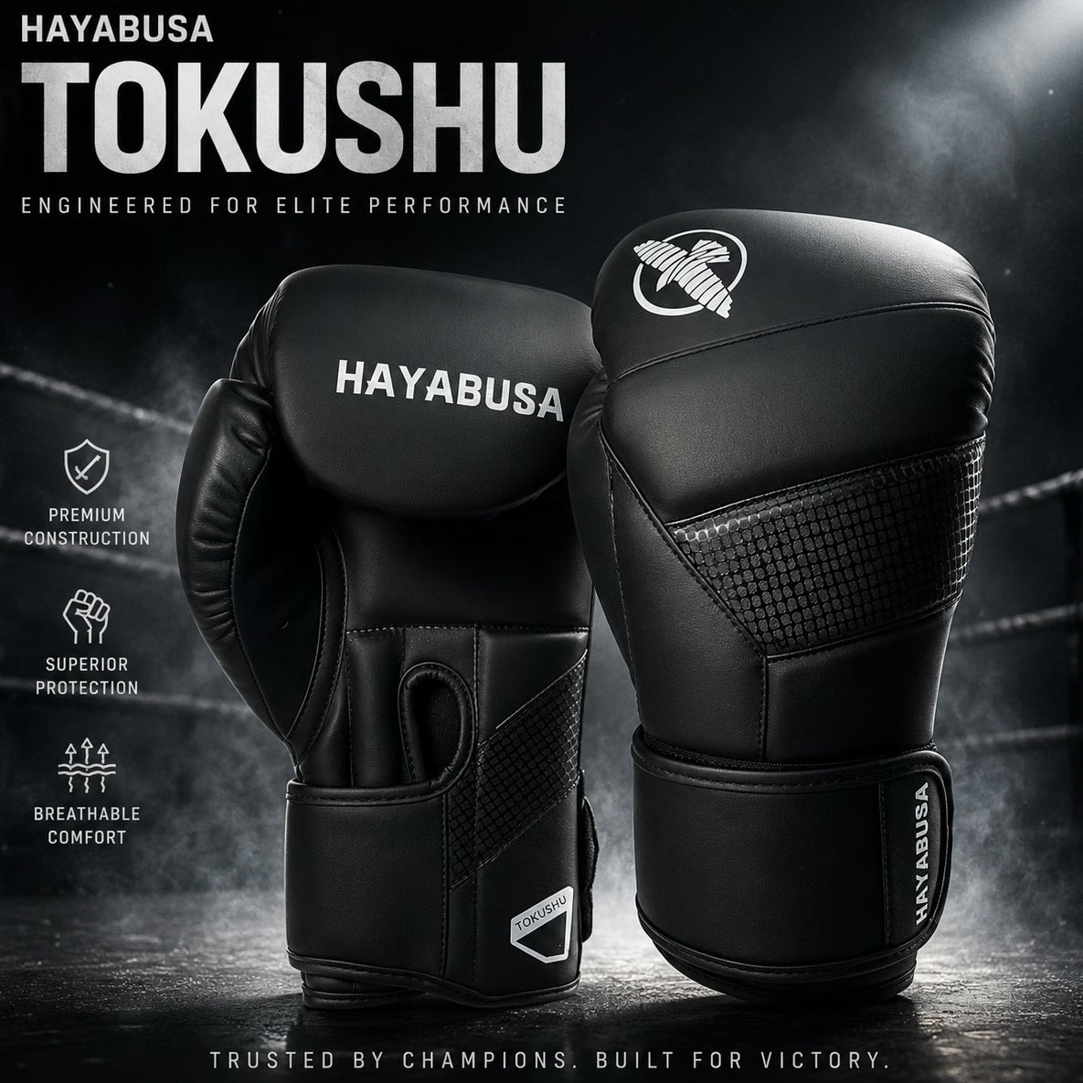 A pair of black Hayabusa boxing gloves displayed against a dark, smoky boxing-ring background with promotional text and feature icons on the left.