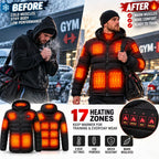 A promotional collage showing a heated puffer jacket in use on a person in snowy outdoor scenes, labeled BEFORE and AFTER with glowing orange heating zones. The collage also includes front and back product views and feature icons for 17 heating zones, USB power, water resistance, and warmth retention.