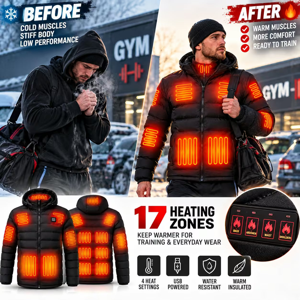 A promotional collage showing a heated puffer jacket in use on a person in snowy outdoor scenes, labeled BEFORE and AFTER with glowing orange heating zones. The collage also includes front and back product views and feature icons for 17 heating zones, USB power, water resistance, and warmth retention.
