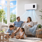 A family of four relaxes on a light beige sofa in a bright, modern living room, with a white wall-mounted air conditioner or heat pump unit shown above them emitting cool blue airflow rays. The scene is set in a real home environment with large windows, plants, and wooden furniture.
