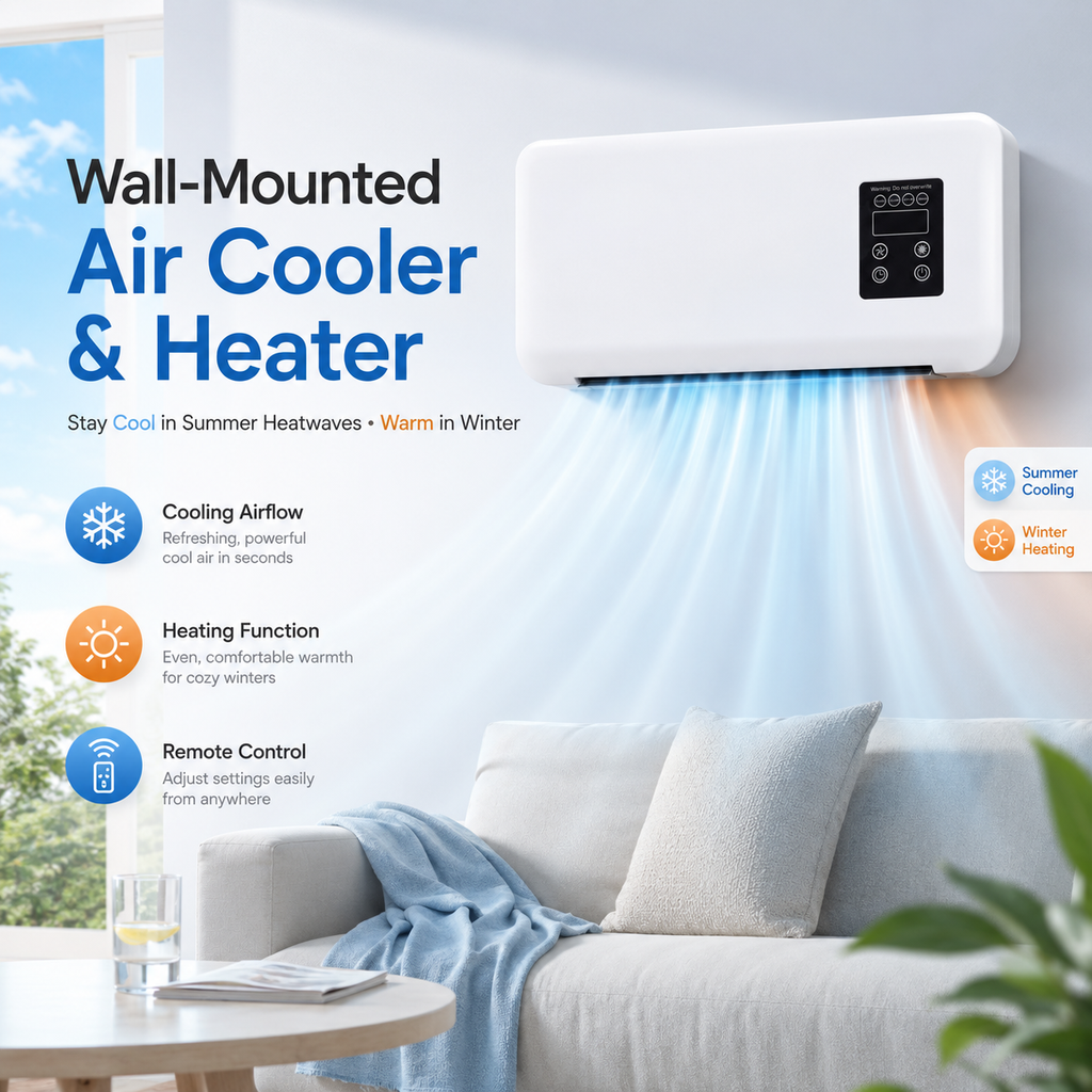 A wall-mounted white air cooler and heater unit shown in a living room setting, with blue cooling airflow graphics and text highlighting summer cooling and winter heating capabilities.