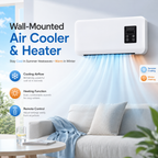 A wall-mounted white air cooler and heater unit shown in a living room setting, with blue cooling airflow graphics and text highlighting summer cooling and winter heating capabilities.