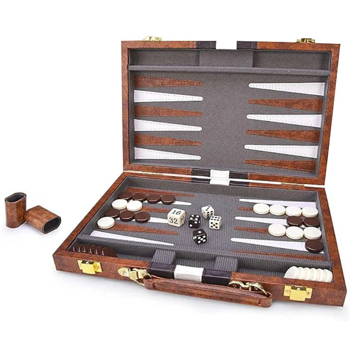 Backgammon set with pieces and dice in an open wooden case on a white background