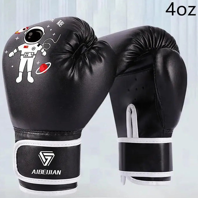 A pair of black boxing gloves with white trim and a cartoon astronaut graphic on one glove, displayed against a light gray background with the text '6oz' in the top right.