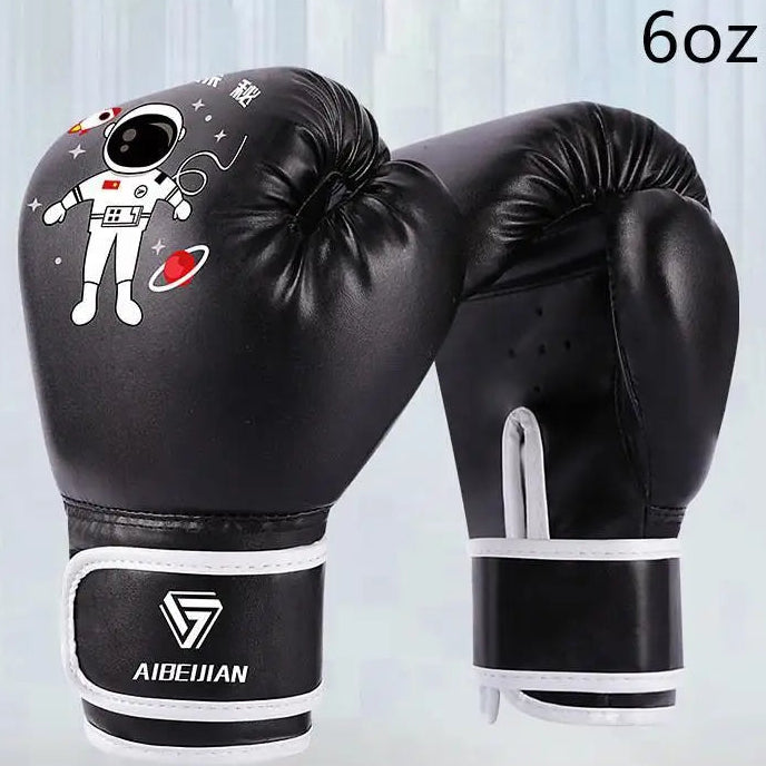 A pair of black boxing gloves with white trim and a cartoon astronaut graphic on one glove, displayed against a light gray background with the text '6oz' in the top right.