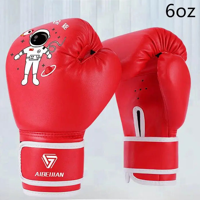A pair of red 6oz boxing gloves with white accents and a cartoon astronaut graphic, displayed against a light gray background with a white pedestal.
