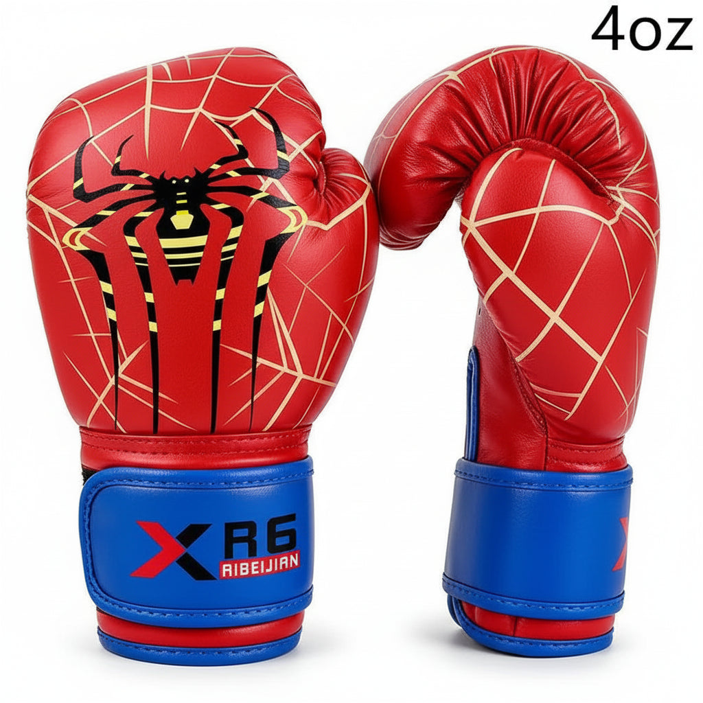 A pair of red boxing gloves with a black spider graphic and gold web lines, featuring blue wrist straps with a visible XR6 AIBELJIAN logo, shown on a white background with a '4oz' text overlay.