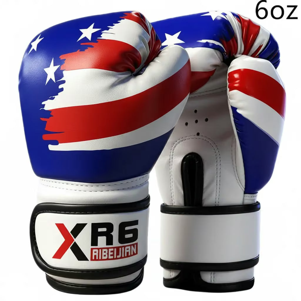 A pair of boxing gloves featuring a distressed American flag design with blue, red, and white stripes and stars. The front glove shows the brand name 'XR6 RIBEJIAN' on the wrist strap, and the text '6oz' is printed in the top right corner.