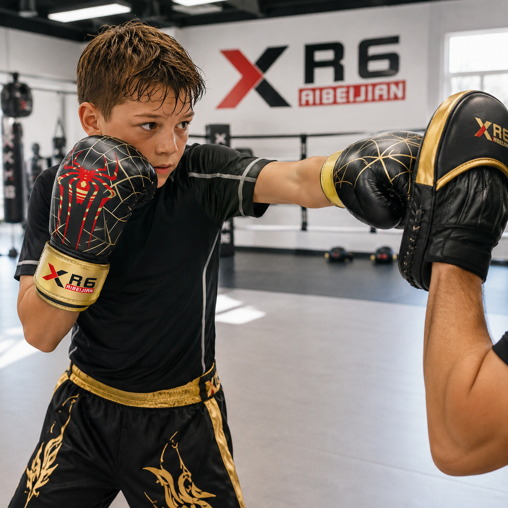 A young boy in a black athletic shirt and black-and-gold martial arts shorts practices with focus mitts in a gym. The mitts are black with gold trim and webbing, and the boy's wristband and the mitts display the X-R6 Aribjjian brand.