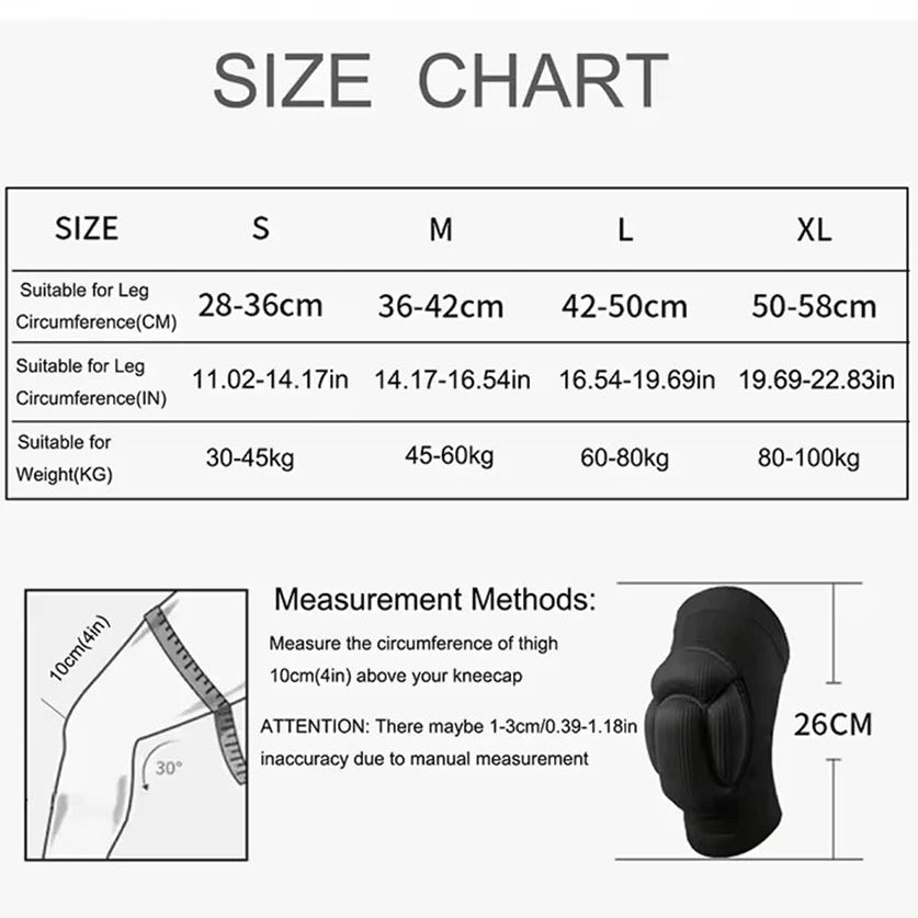 Size chart for knee pads with measurement guide and product image on a white background