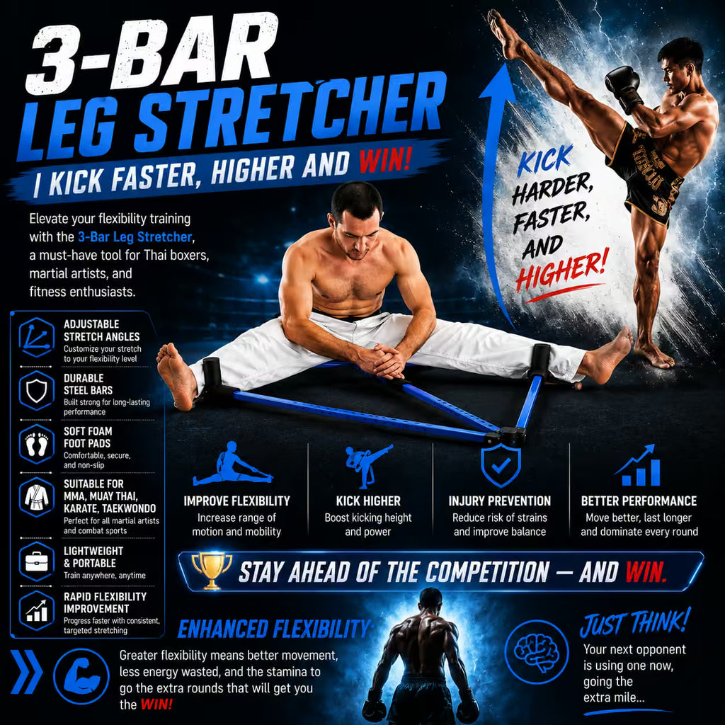 Advertisement for a 3-Bar Leg Stretcher with a man using it, highlighting benefits like improved flexibility and kicking power.
