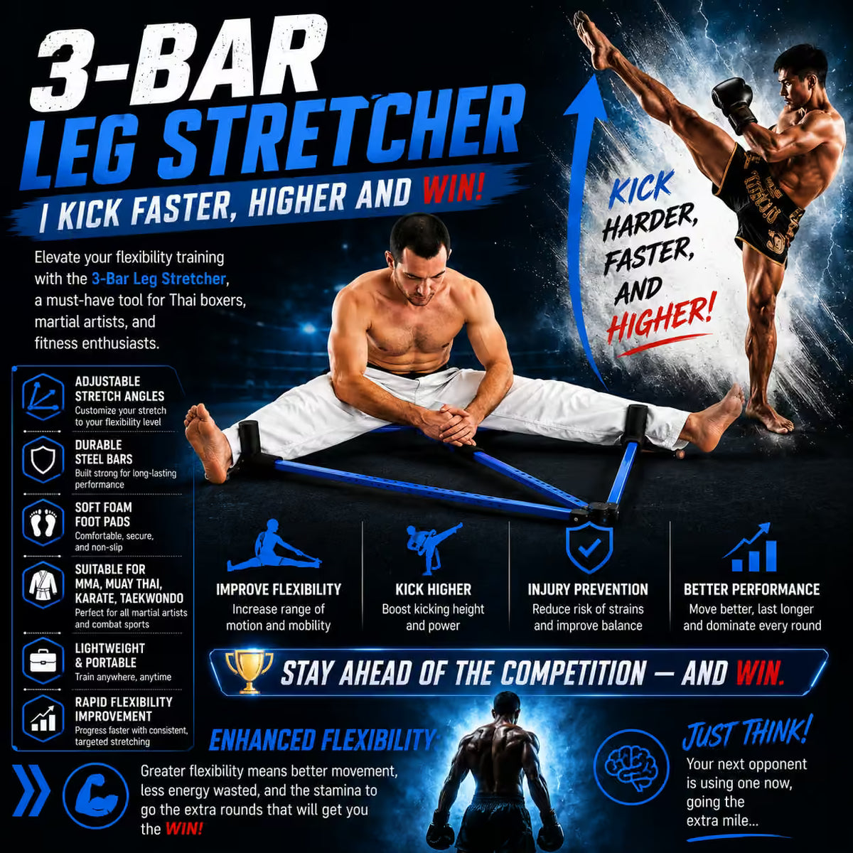 Advertisement for a 3-Bar Leg Stretcher with a man using it, highlighting benefits like improved flexibility and kicking power.