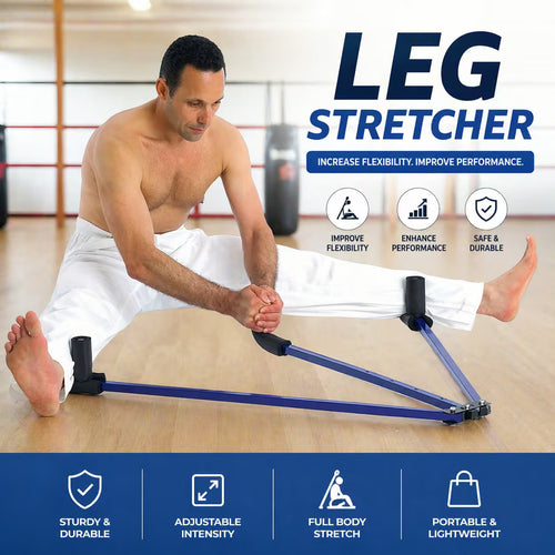 A man in white pants stretches his leg using a blue and black leg stretcher exercise band on a wooden gym floor, with promotional text and feature icons overlaid on the image.