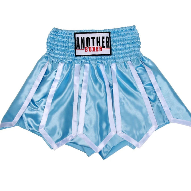Light blue satin boxing shorts with white trim and a black, white, and red 'ANOTHER BOXER' logo patch on the waistband, shown on a white background with 'Choice' branding.