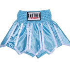 Light blue satin boxing shorts with white trim and a black, white, and red 'ANOTHER BOXER' logo patch on the waistband, shown on a white background with 'Choice' branding.