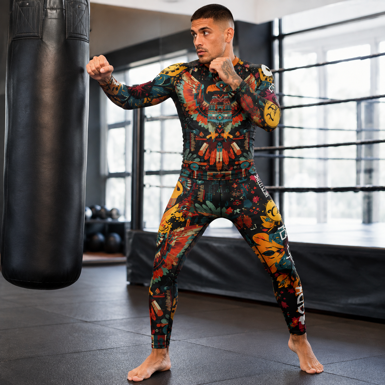 A man in a boxing stance wearing a full-body long-sleeve athletic suit with a colorful, detailed graphic print. He is standing in a gym next to a black punching bag.