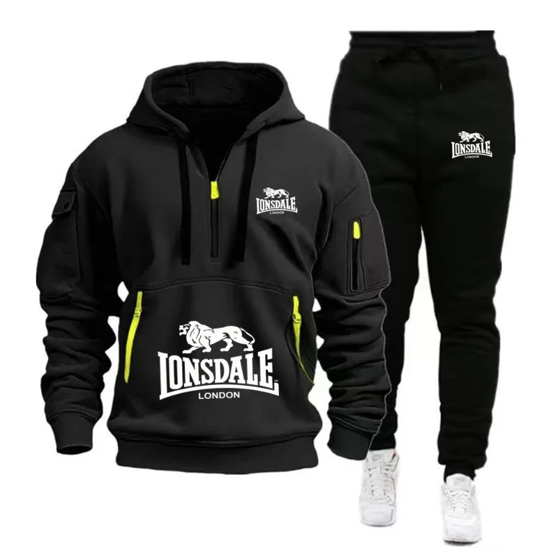 Black hoodie and pants set with Lonsdale branding on a white background