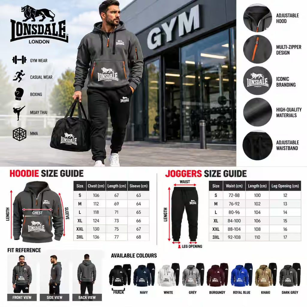 A promotional collage for Lonsdale gym apparel featuring a man wearing a black hooded sweatshirt and black joggers with the Lonsdale London logo, standing in front of a gym building. The image includes feature callouts on the right, size guides for hoodies and joggers, fit reference images, and available color options.