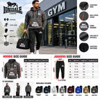 A promotional collage for Lonsdale gym apparel featuring a man wearing a black hooded sweatshirt and black joggers with the Lonsdale London logo, standing in front of a gym building. The image includes feature callouts on the right, size guides for hoodies and joggers, fit reference images, and available color options.