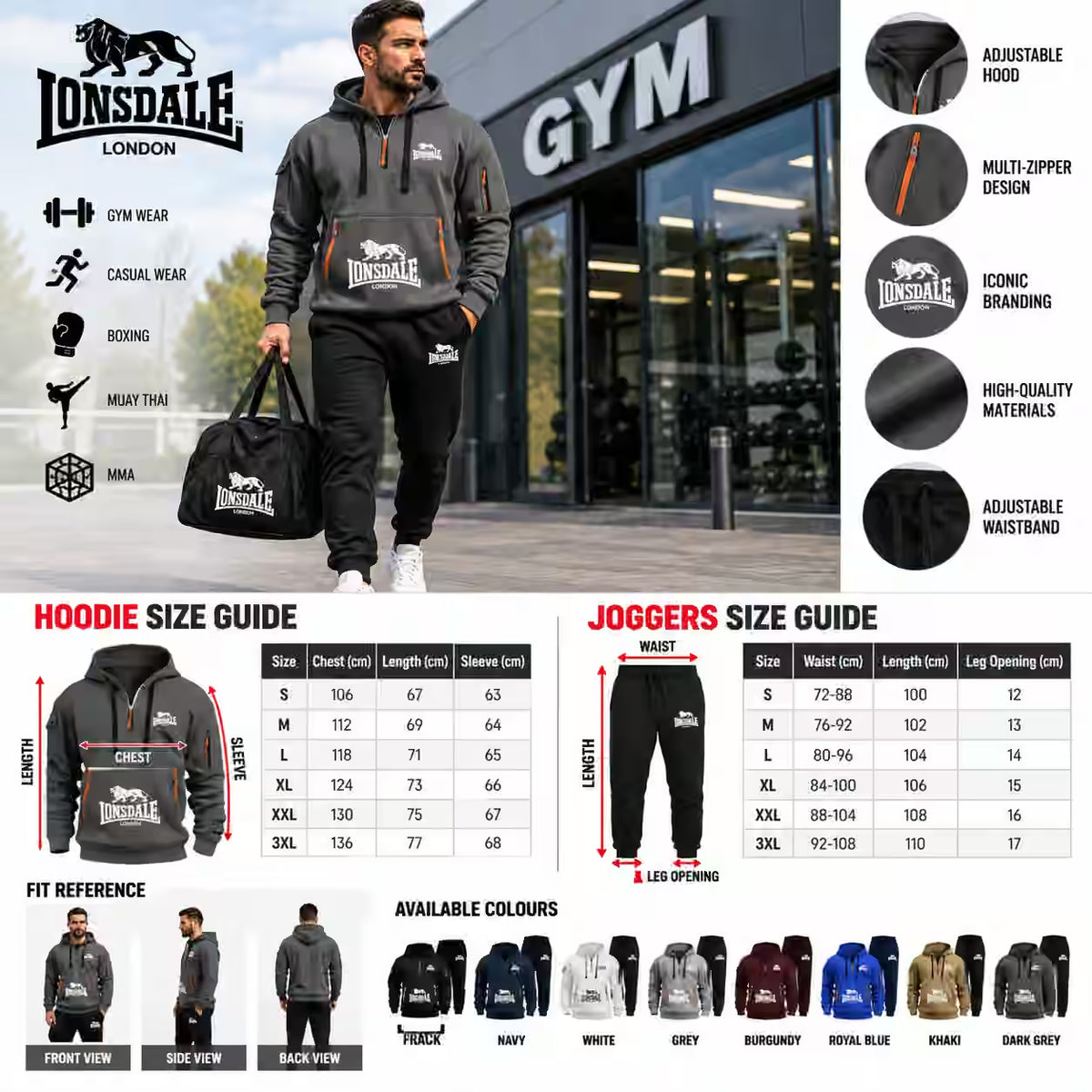 A promotional collage for Lonsdale gym apparel featuring a man wearing a black hooded sweatshirt and black joggers with the Lonsdale London logo, standing in front of a gym building. The image includes feature callouts on the right, size guides for hoodies and joggers, fit reference images, and available color options.