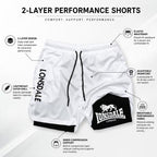 White Lonsdale 2-layer performance shorts with black trim, black drawstrings, and black printed branding, shown with callout labels explaining features on a white background.