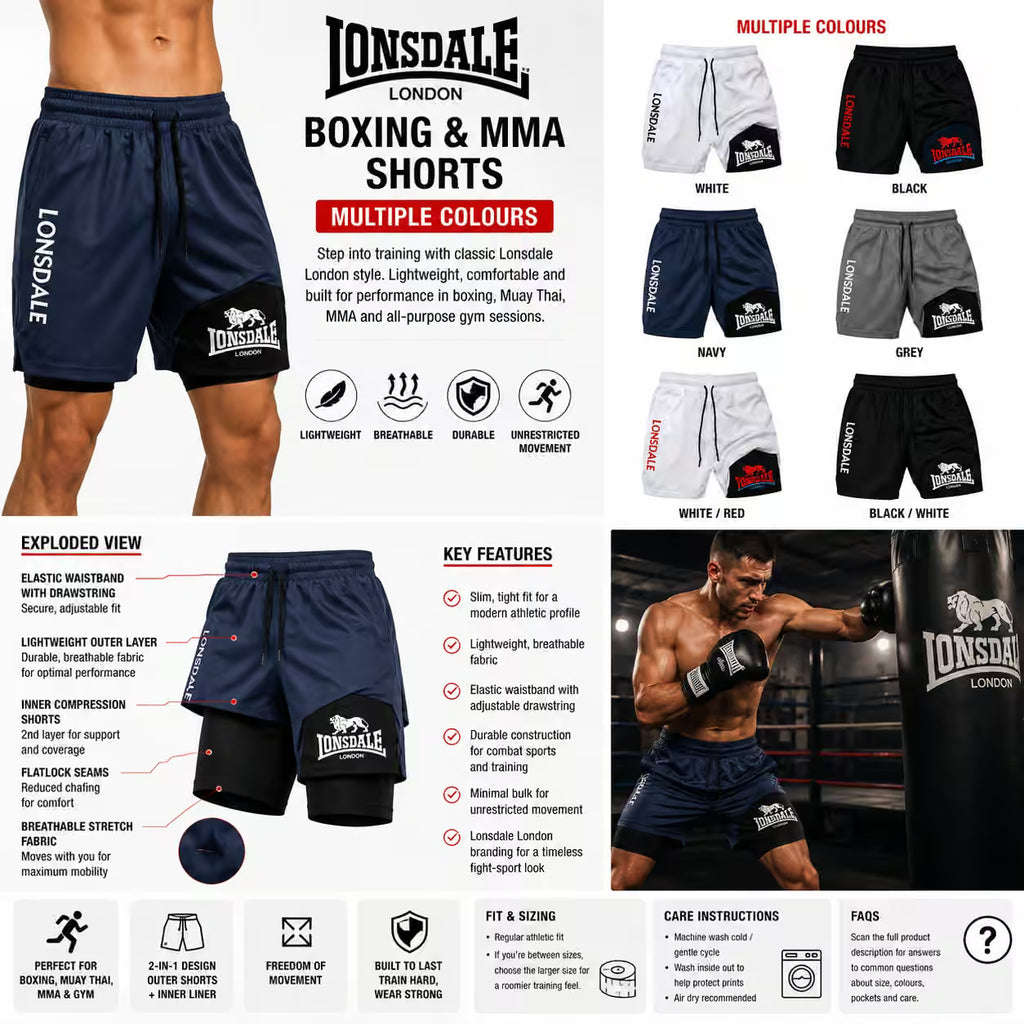 A promotional collage for Lonsdale boxing and MMA shorts showing multiple color options, a model wearing navy shorts, close-up feature callouts, key features icons, care instructions, and a fitness-themed background. The product being sold is the shorts, not the model or environment.
