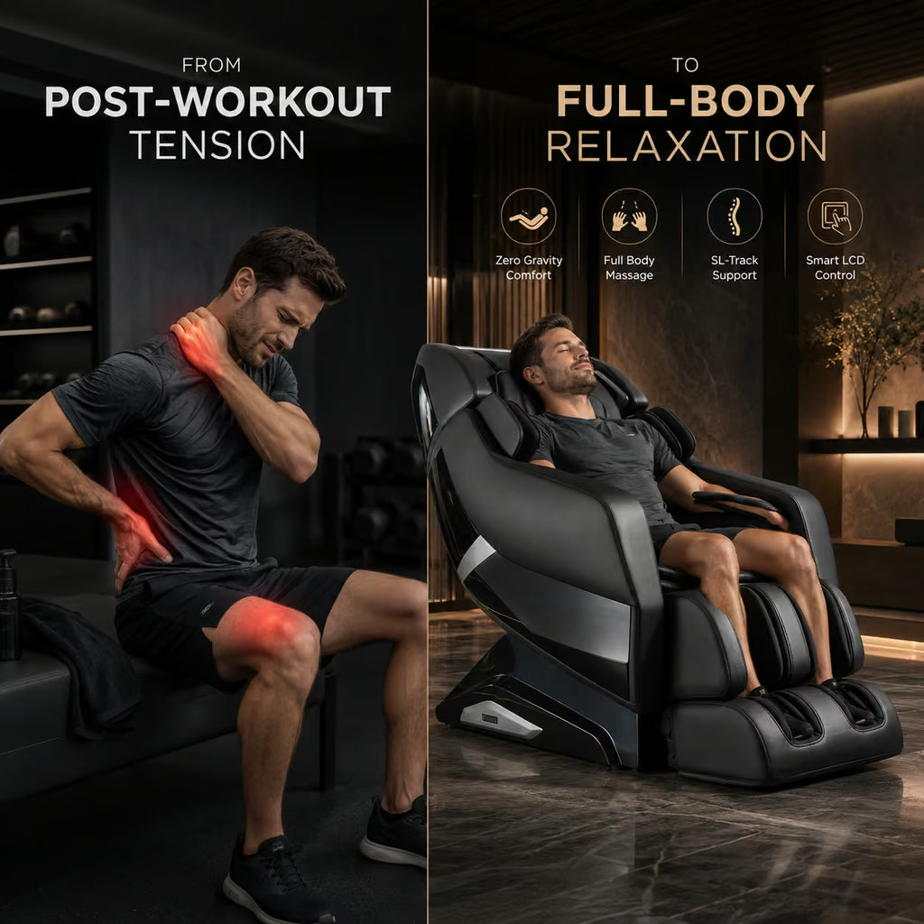A split promotional image showing a man on a black post-workout tension massager on the right and a man in pain on a gym bench on the left, with text reading 'FROM POST-WORKOUT TENSION' and 'TO FULL-BODY RELAXATION.'.