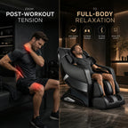 A split promotional image showing a man on a black post-workout tension massager on the right and a man in pain on a gym bench on the left, with text reading 'FROM POST-WORKOUT TENSION' and 'TO FULL-BODY RELAXATION.'.