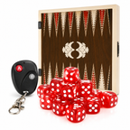 A wooden backgammon game set with a folding cabinet, red translucent dice with white dots, and a black remote control with keychain clips, shown on a white background.