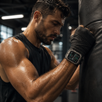 A close-up lifestyle shot of a muscular man in a gym, wearing a rugged smartwatch with a black bandage-wrapped wrist, leaning against a punching bag.