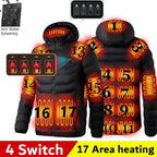 Heated jacket with heating elements labeled and four switch controls on a white background.