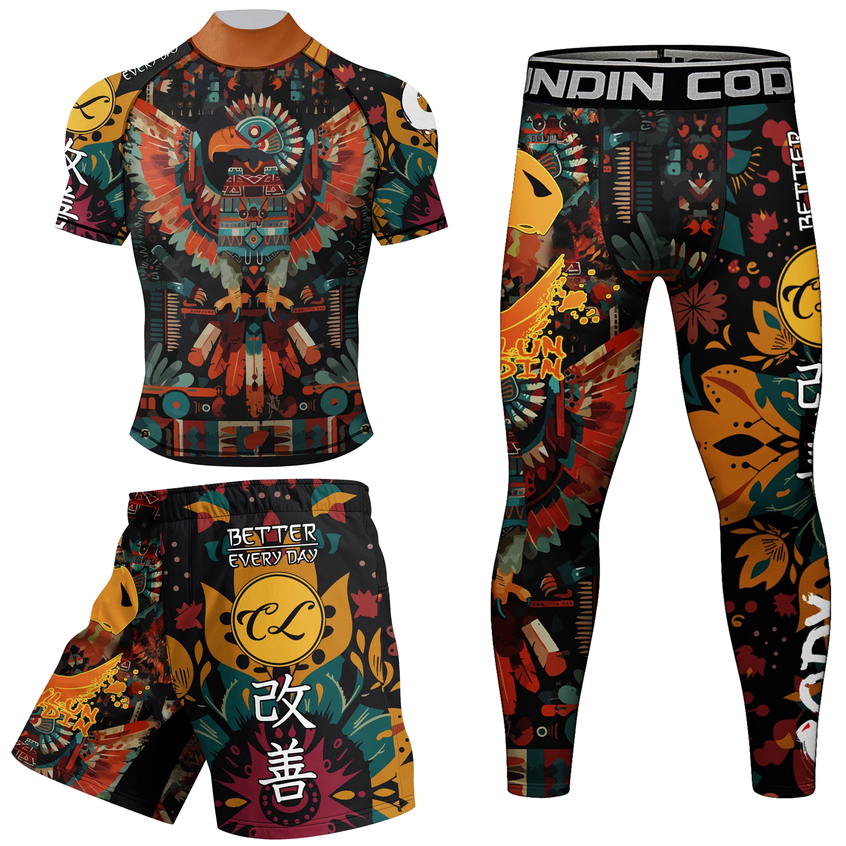 Colorful athletic outfit with patterns and text on a white background
