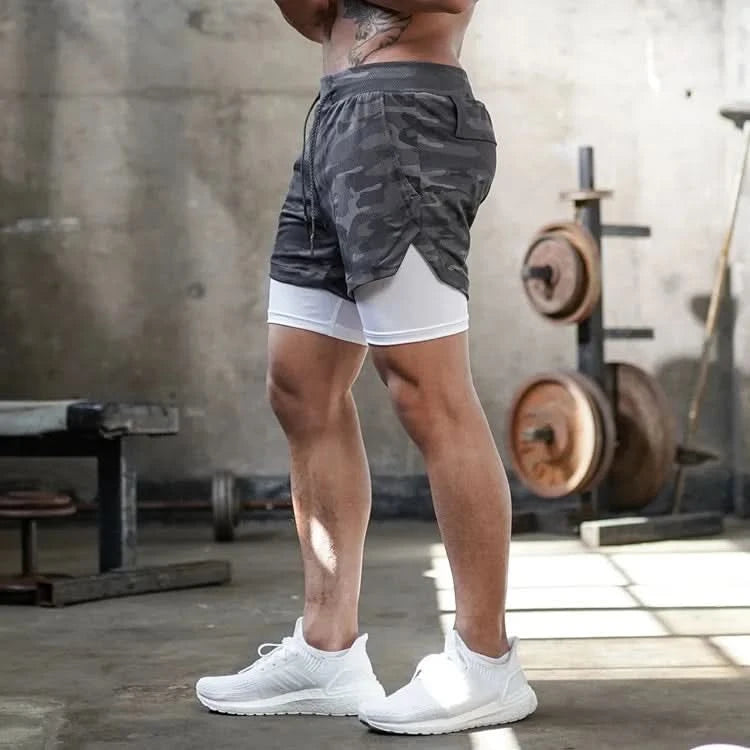 Men's 2-in-1 Camo Gym Running Shorts | Quick Dry, Summer Workout Activewear - FitZone360