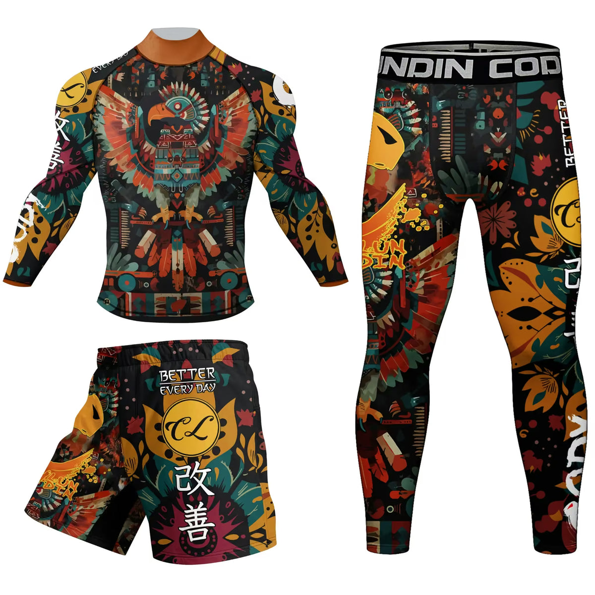 A three-piece athletic set featuring a long-sleeve rash guard, shorts, and leggings with a vibrant, detailed multicolor graphic print. The design incorporates a central eagle motif, floral elements, martial arts symbols, and text including 'BETTER EVERY DAY' and 'INDI COD'.