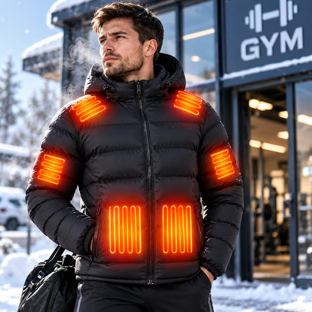 A man wearing a black puffer jacket with glowing orange LED light panels on the shoulders, sleeves, and chest stands in front of a gym building in the snow.