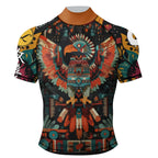 A short-sleeve cycling jersey with a highly detailed, colorful Aztec eagle graphic on a black background, featuring orange, red, teal, and yellow tones.