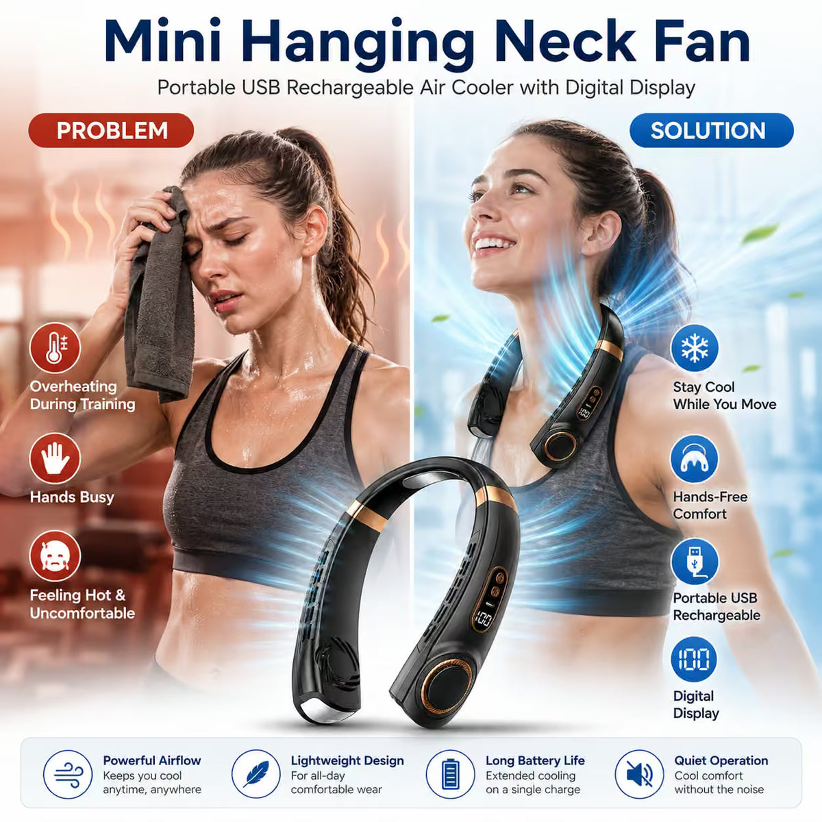 Promotional graphic for a Mini Hanging Neck Fan portable USB rechargeable air cooler. The image features a split comparison showing a woman sweating and uncomfortable on the left ('PROBLEM') and a woman cooling herself with the neck fan on the right ('SOLUTION').