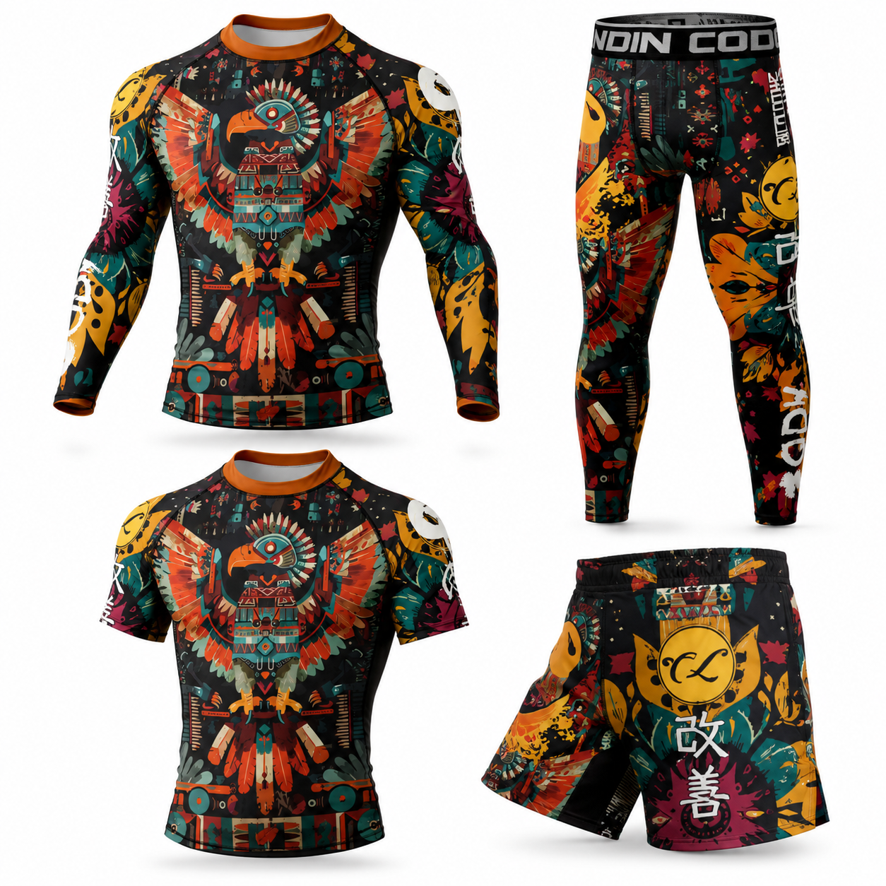 A four-view product collage of a matching athletic set: long-sleeve rash guard, leggings, short-sleeve rash guard, and shorts, all featuring a colorful graphic print on a black base. The print includes a large eagle motif with teal, orange, red, yellow, and white details, plus stylized faces and graphic elements.