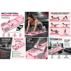 A pink and gray multi-functional abdominal workout board shown in multiple promotional panels, including a woman performing exercises on the board and feature callouts for abdominal training, core strengthening, and stability.