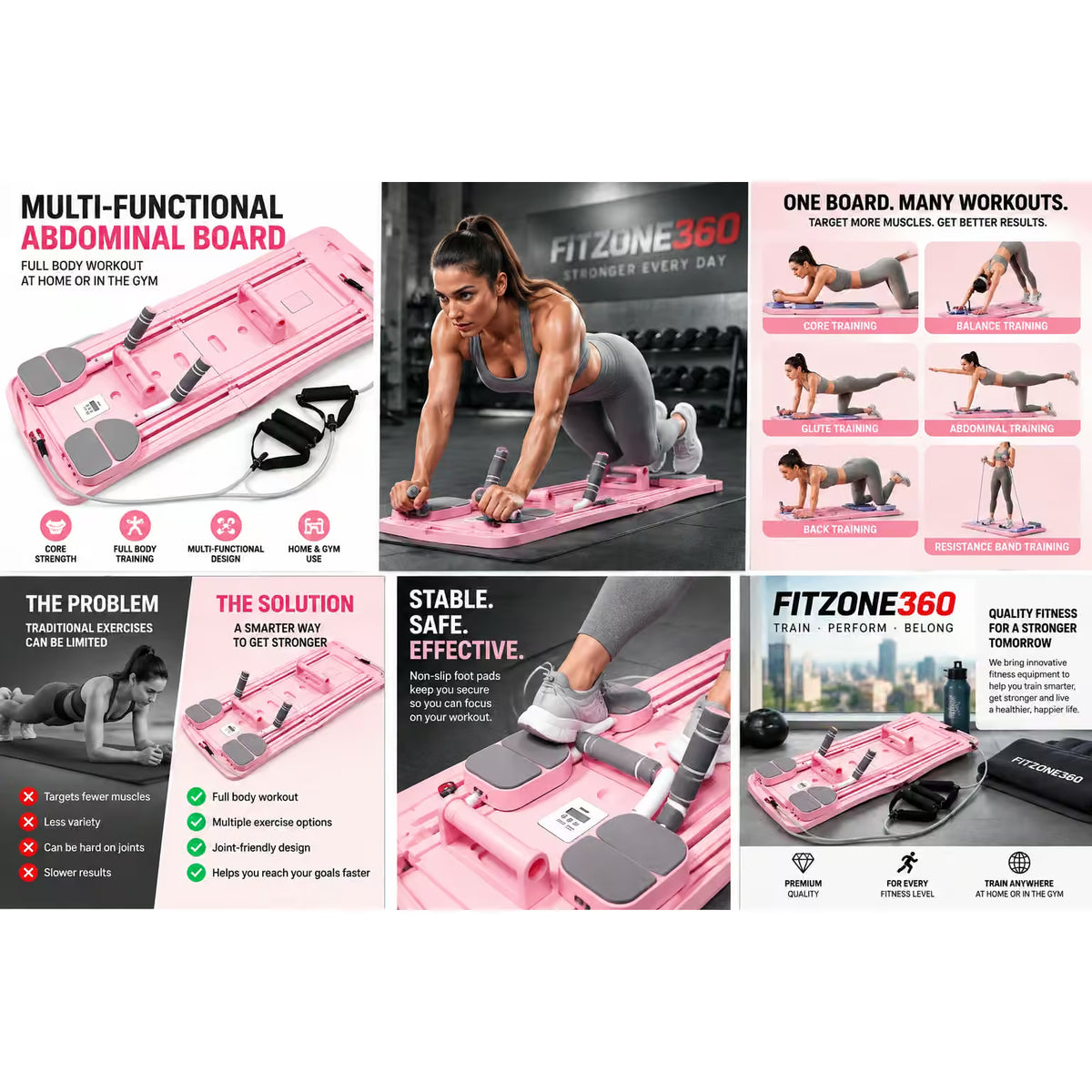 A pink and gray multi-functional abdominal workout board shown in multiple promotional panels, including a woman performing exercises on the board and feature callouts for abdominal training, core strengthening, and stability.